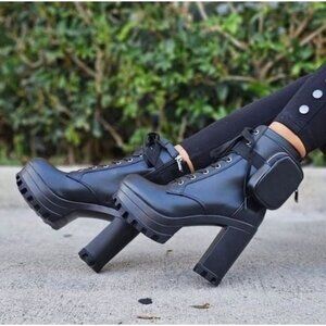 Black Women’s Lace Up Block Heel Booties Side Zipper & Pouches